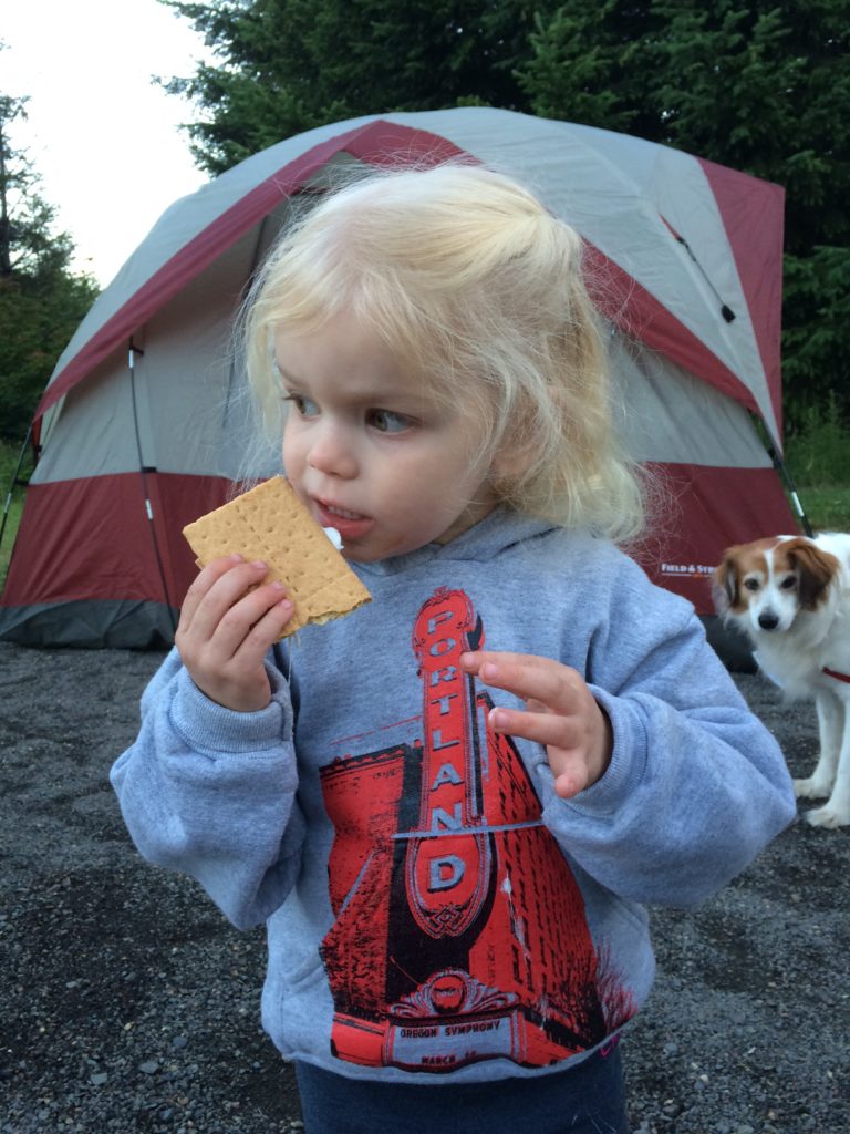 Family camping at Stub Steward State Park in Oregon was the perfect opportunity for my preschooler's first s'more!