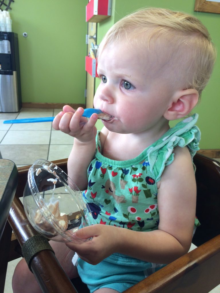 At 13 months old, my toddler had her first ice cream - because she really needs sugar to make her more active. ;) Ten Thousand Hour Mama