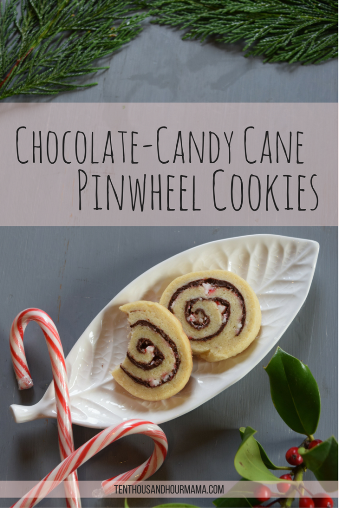These chocolate candy cane pinwheels are festive, pretty Christmas cookies—perfect for a cookie exchange party! Ten Thousand Hour Mama