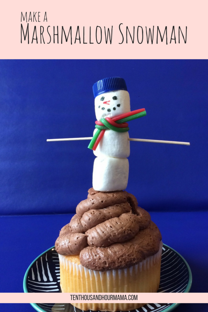 When it snows (or you just want an edible craft), this marshmallow snowman topper is perfect to set on a cupcake! Ten Thousand Hour Mama