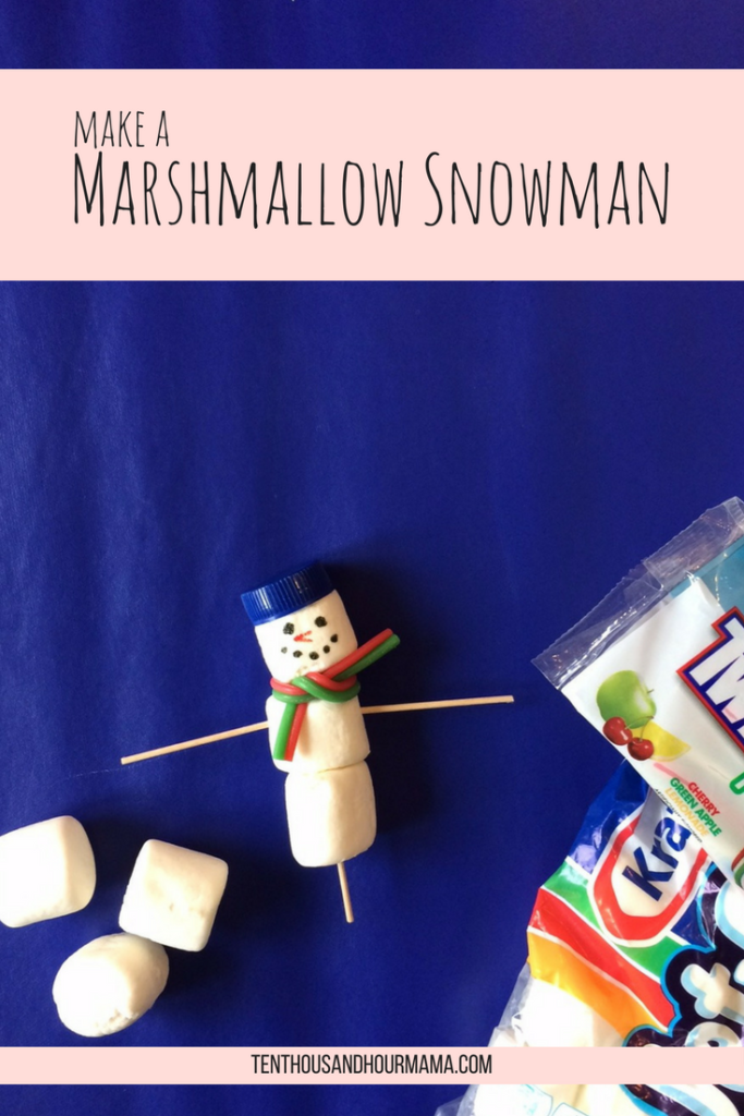 Marshmallows and Twizzlers together make this adorable snowman, perfect for a cake topper. Ten Thousand Hour Mama