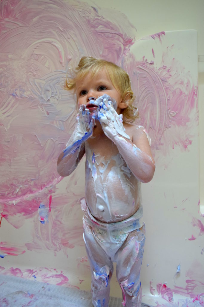 Shaving cream and paint in the bath kids messy craft project - Ten Thousand Hour Mama