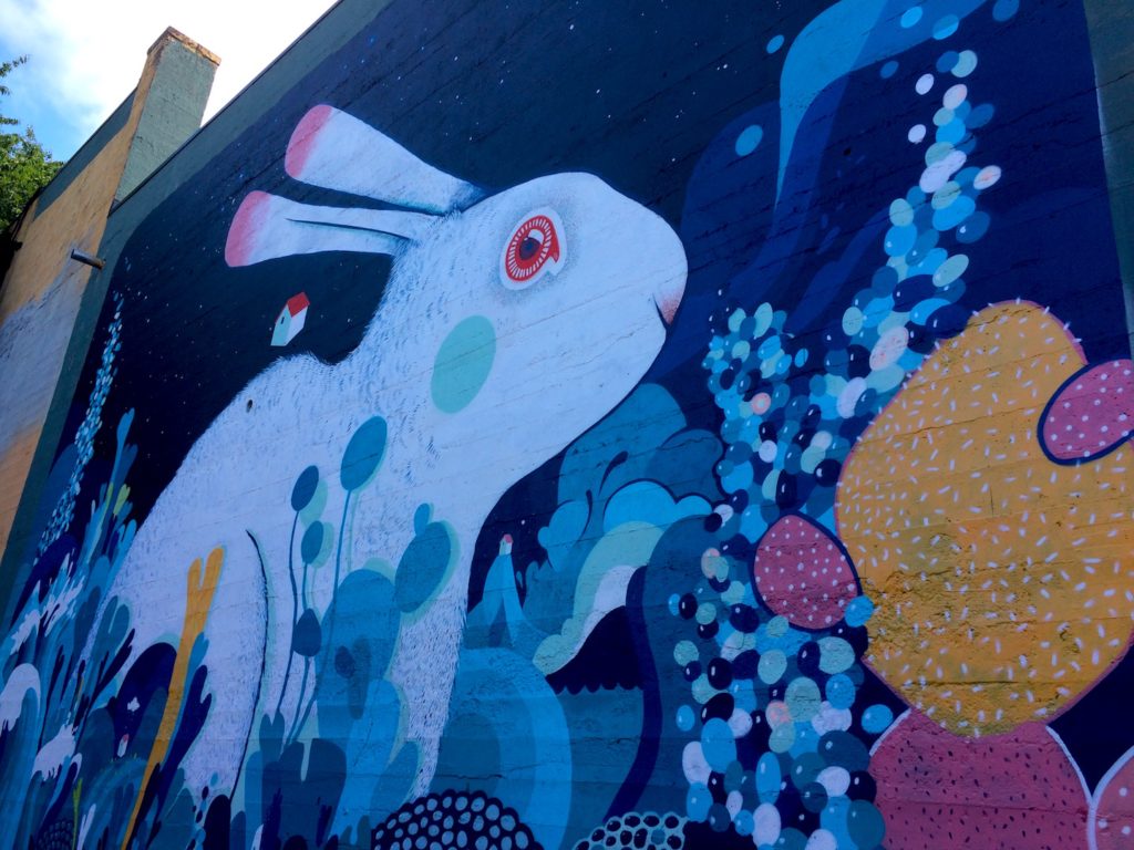 The rabbit mural in North Portland is just one example of street art on this kid-friendly mural crawl. Ten Thousand Hour Mama